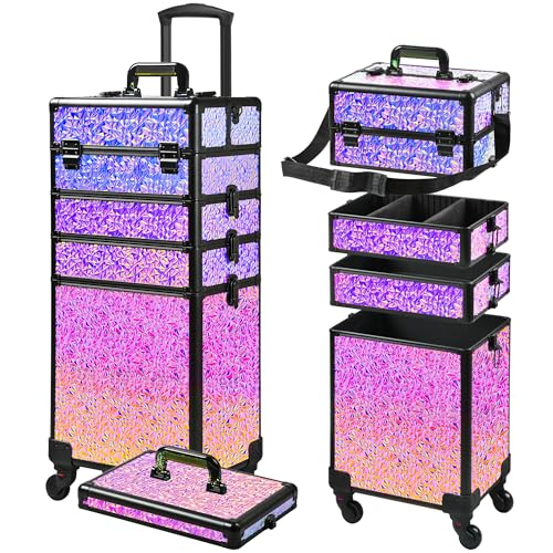 Rolling Makeup Case, Makeup Train Case with Lid, 5 in 1 Cosmetology Case on Wheels, Christmas Gift, Large Makeup Case Organizers, Profesional Cosmetic Case for Salon Barber,Black Colorful - color: Black Colorful
