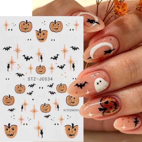 Halloween Ghost Nail Stickers, Pumpkin Bat Gold Frame Nail Decals, 6 Sheets - color: Multicolor-06