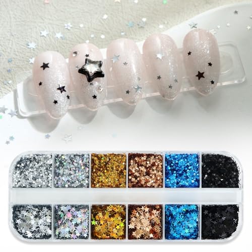 1 Box 12Grids Holographic Star Nail Glitter Tiny Stars Nail Sequins 3D Nail Flakes Laser Ombre Glitter Flakes Gold Silver Blue Black Star Nail Art Glitter Shiny Nail Sequins Glitter for Nails Art - color: Color 12
