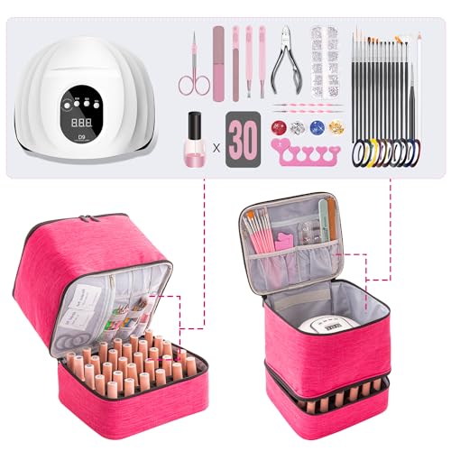 Nail Polish Carrying Case with UV LED Nail Lamp Compartment - Holds 30 Bottles, Double-layer Nail Light Storage Bag for Nail Dryer, Rose-Pink (BAG ONLY) - color: Rose Pink