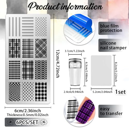 6 Sheets Nail Stamping Plate Minimalist Nail Art Stamp - color: Checkerboard