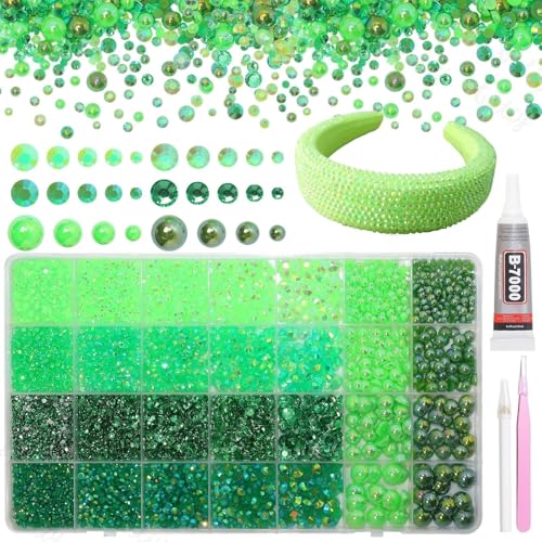 14000Pcs Mixed Green Flatback Rhinestones and Pearls for Bedazzling Kit - color: S7