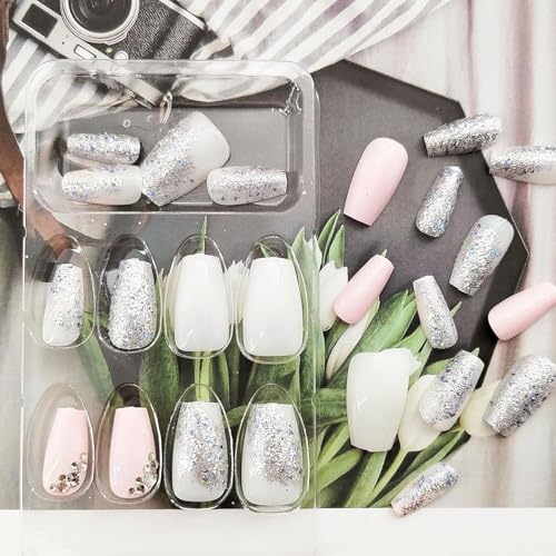 24Pcs Sequins Press on Nails Short Coffin Fake Nails with Rhinestones Glitter Gradient Full Cover Designs Nails Press ons Pink White Glue on Nails Reusable Stick on Nails for Women - color: pink white-2