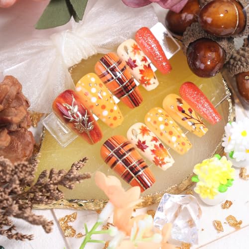 Fall Press on Nails Long Coffin False Nails Autumn Maple Leaf Fake Nails with Orange Glitter Plaid & Polka Dots Design Full Cover Acrylic Nails Reusable Thanksgiving Manicure Nail Tips for Women 24Pcs - color: special Fall-4