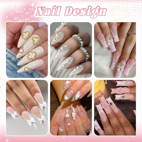 Flatback White Pearls and Nail Beads for Nails 3D Flowers Bows Nail Charms - color: 09 2 Boxes Nail Art Decos Set 7+Glue