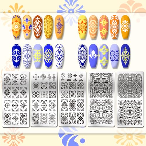 PH PandaHall 5pcs Mosaic Tile Pattern Nail Art Templates, Kaleidoscope Stamping Plate 52 Patterns Plant Flower Nail Art Stencils Stainless Steel Plates for Nail Design Print Manicure Salon