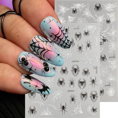 Halloween Spider for Nails Stickers Holiday Nail Decals 3D Self-Adhesive Black and White Spider Web Stickers Halloween Nail Art Sticker for Women Girls DIY Manicure Nails Accessories - style: Spider