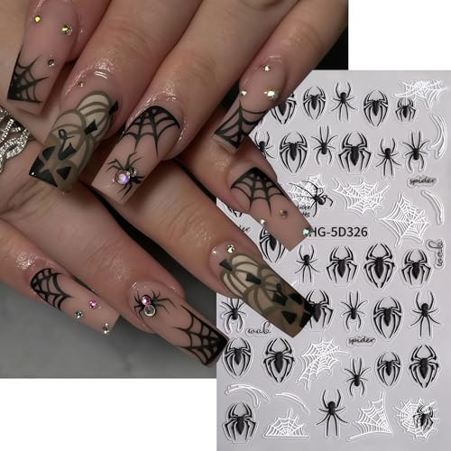 Halloween Nail Art Stickers Decals Black White Spider Web Spider Pattern Design 3D Self-Adhesive Nail Stickers Halloween Spider Nail Art Decals for Women DIY Festival Salon Manicure Decoration - style: Autumn