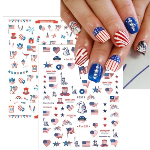 10Pcs 4th of July Nail Stickers Patriotic Nail Decals Independence Day Nail Art Stickers American Flag Stars Eagle Fireworks Heart Nail Design Supplies Memorial Day DIY Nail Decoration for Women Girls - style: independence day-1