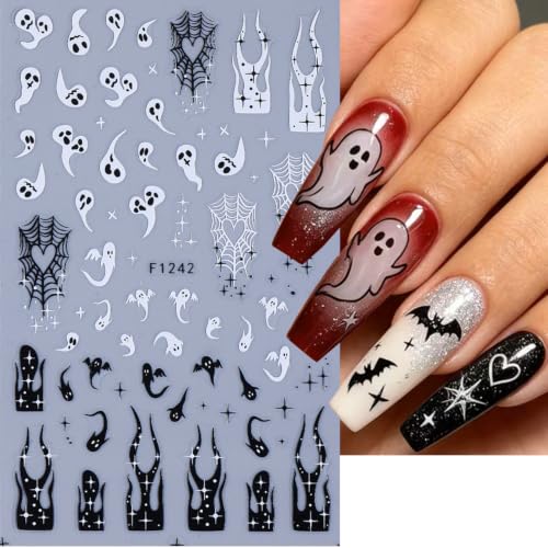 Halloween Ghost Skull Nail Art Stickers Spider Webs Flame Nail Art Decals 4 Sheets 3D Self-Adhesive Pumpkin Face Spider Stickers Heart Ghost Nail Design for Women Halloween Nail Supplies - color: Halloween Style7