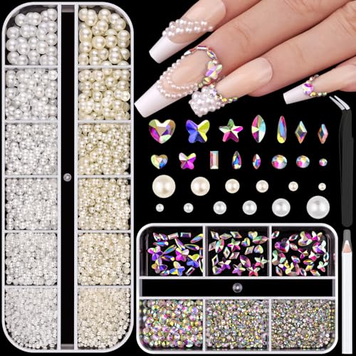 Flatback Pearls and Glass Nail Rhinestones for Nails Beige White Nail Pearl - color: 05 2 Boxes Nail Art Decos Set 23