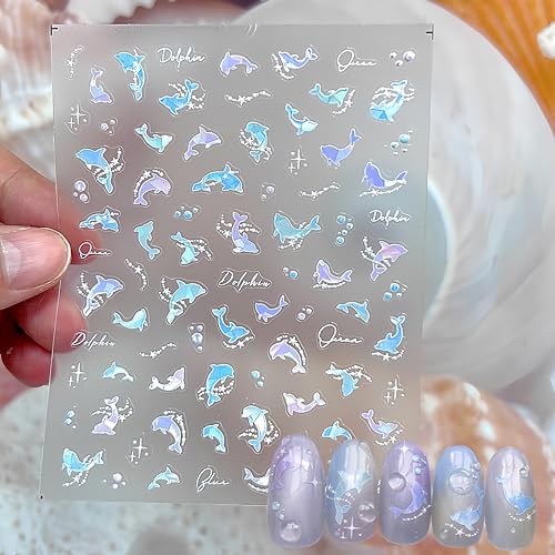 1 Sheet Dolphin Nail Art Sticker 5D Embossed Ocean Cute Dolphin Pearl Fantasy Nail Designs for Women Girls Summer Nail Art DIY Decoration - style: dolphin