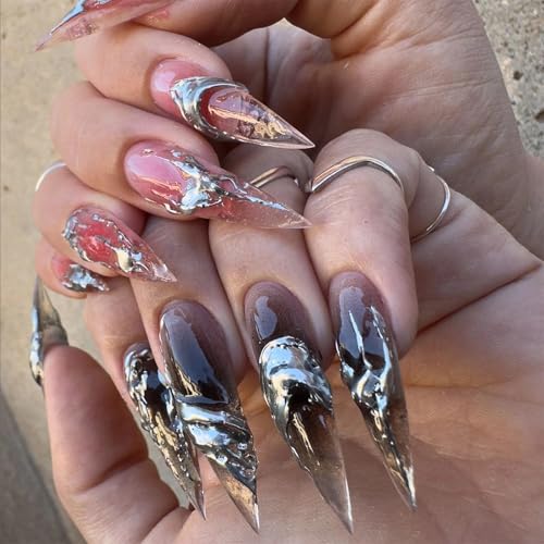 MISUD Press on Nails - Long Stiletto Glue on Nails with Goth Pink Black, Acrylic 3D Silver Chrome Design 24 pcs - color: 06121-03Pink&Black