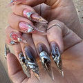 MISUD Press on Nails - Long Stiletto Glue on Nails with Goth Pink Black, Acrylic 3D Silver Chrome Design 24 pcs - color: 06121-03Pink&Black