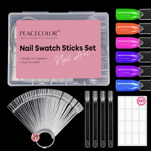 PEACECOLOR 50 Pcs Nail Swatch Sticks with Ring, Nail Color Swatches Display Kit with 60 Blank Number Sticker & Protective Container Box - Clear Fan-Shaped Swatch for Nail Art Practice Home and Salon - color: 50pcs nail swatch sticks