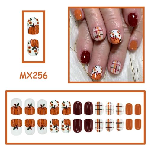 Fall Press on Nails, Thanksgiving Day False Nails, Short Square, 24Pcs - color: Style-24