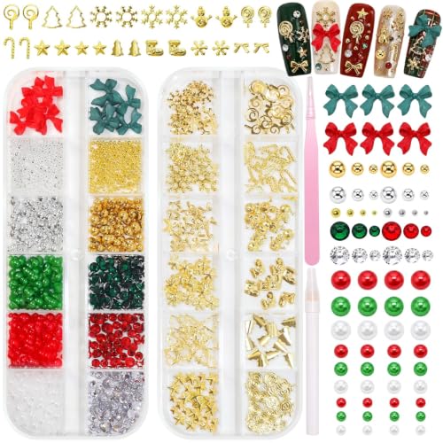 2 Boxes Christmas Nail Charms, Metal Nail Studs & Rhinestones Pearls