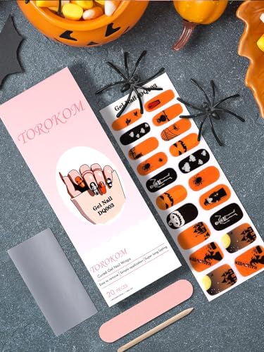 TOROKOM Halloween Cured Gel Nail Strips, Orange Pumpkin Gel Nail Polish Strips, Long Lasting Waterproof Full Nail Wraps, UV/LED Lamp Required - style: 03