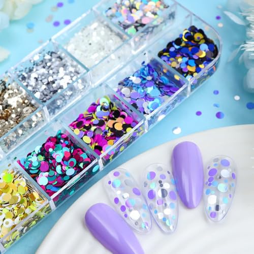 1 Box 12 Color Holographic Circle Nail Glitter Rings Nail Sequins 3D Silver Gold Nail Flakes Sparkly Glitter Flakes Shiny Nail Glitter Colorful Nail Sequins Glitter for Nails Art 12 Grids - color: Color 50