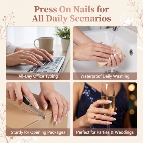 Press on Nails Short French Tip Almond Acrylic Press On Fake Nails 32pcs