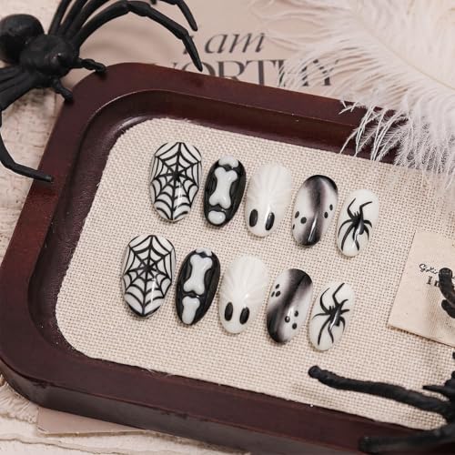 Halloween Press On Nails Short Almond Fake Nails Black White Spider Web Bone Design Spooky Halloween Nails 3D Ghost Acrylic False Nails Reusable Goth Stick On Nails for Women Manicure 30Pcs - color: special Halloween-14
