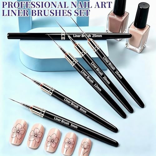5Pcs Nail Art Liner Brushes Liner Brush for Nails Gel Striping Nail Brushes (Black) - color: Black