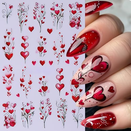 5Pcs Valentine's Nail Art Stickers Rose Heart Flower Nail Stickers 3D Self-Adhesive Love Heart Nail Decals Purple Pink Hollow Heart Nail Design Valentines Nails Supplies for Women Wedding Manicure - style: heart flower
