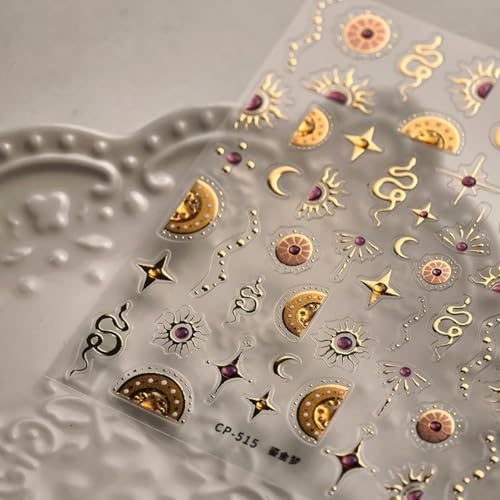 5D Embossed Snake Nail Sticker Gold Snake Stars Moon Nail Art Sticker Self Adhesive Nail Decals Halloween Nail Art for Women Manicure Supplies Nails Art Decorations - color: Style-10