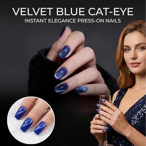 Press On Nails, Short Square Blue Cat Eye Galaxy, 24PCS - color: 078-Dark Blue Square Cat's Eye