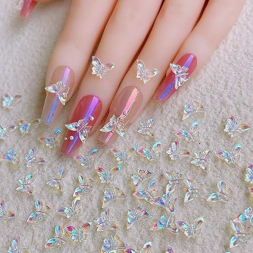 100Pcs 3D Butterfly Nail Charms - Aurora Effect Resin Nail Art Decorations, Cute Kawaii Nail Art Charms for Acrylic Nails DIY, Manicure Supplies for Women Girls
