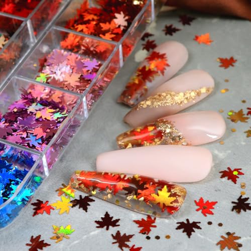 1 Box 12 Color Holographic Fall Leaf Nail Glitter Hexagonal Nail Sequins 3D Maple Nail Flakes Laser Aurora Gradient Glitter Flakes Iridescent Nail Art Glitter Shiny Nail Sequins Glitter for Nail Art - color: YHN25