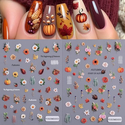 2 Sheets Maple Leaf Nail Art Sticker 5D Embossed Thanksgiving Pumpkin Nail Stickers Pinecone Rose Ginkgo Leaf Design Nail Decals for Women Autumn Manicure Decoration - style: Pumpkin
