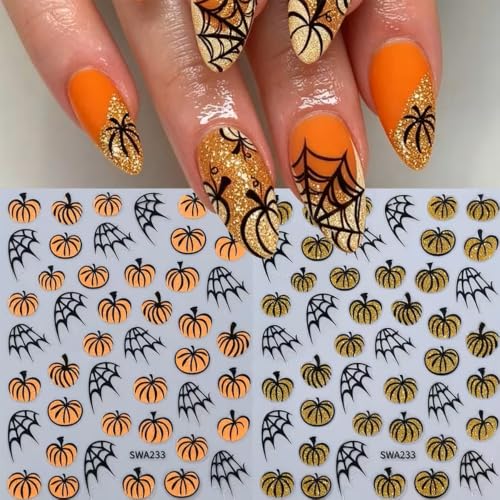 Halloween Pumpkin Nail Art Stickers Spider Webs Nail Art Decals 6 Sheets 3D Self-Adhesive Glitter Orange Yellow Pumpkin Stickers for Women Halloween Nail Supplies Fall Nail Decorations - color: Halloween Style4