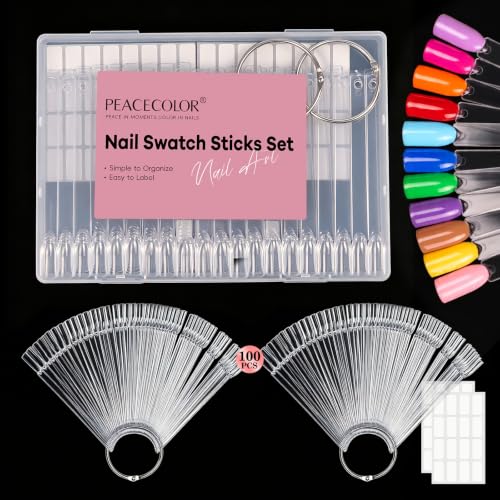 PEACECOLOR 100 Pcs Nail Swatch Sticks with Ring, 120 Blank Number & Box - color: 100pcs nail swatch sticks