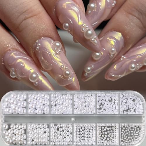 12 Grids White Pearl Nail Art Charms Multi Size Round and Half Round Pearls