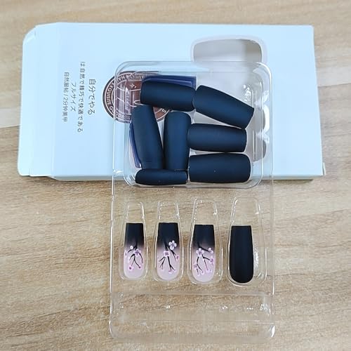 Spring Press on Nails Medium Fake Nails Pink Black Gradient Square Press on Nails Coffin Glossy False Nail with Flowers Designs Full Cover Acrylic Nails Glue on Stick on Nail for Women 24PCS - color: W8