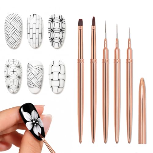 5PCS Nail Art Brushes Set, Rose Gold Gel Nail Brushes with Flat Builder Brush, Angled French Tip Brush, Detail Liner Brushes, Professional Manicure Tools for Gel Polish Application - color: Rose Gold