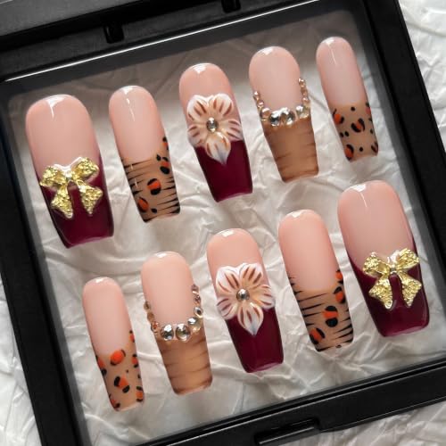 Handmade Press On Nails, 10 Pcs Long square Reusable Stick Ons for Women, French 6D Acrylic Fake Nails(L) - color: Golden Bow, size: L