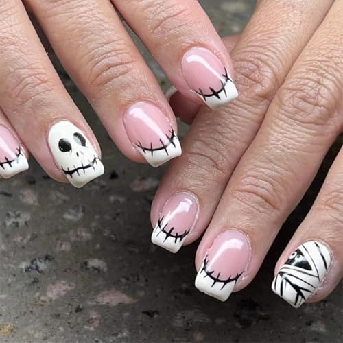 Halloween French Tip Press on Nails Short Square Shaped Fake Nails with Skull Designs Full Cover Acrylic Nails Pink White Glossy False Nails for Women Manicure 24 Pcs - color: Halloween Style 025