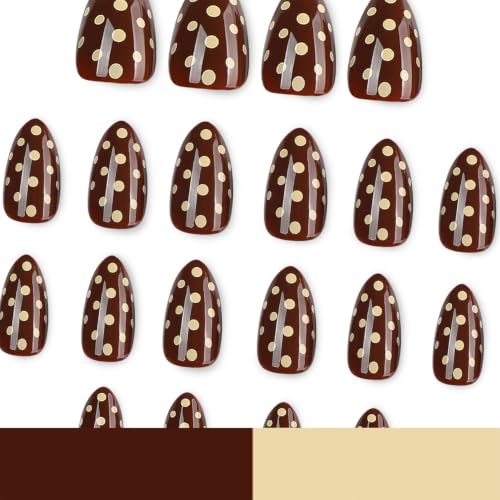 Fall Press on Nails Short Almond Brown Fake Nails Press on with Polka Dot - color: BD-Brown-15