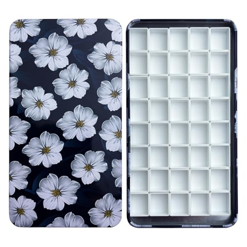 FCLUB Metal Watercolor Palette with 40Pcs Empty Half Pans and Magnet Strip - color: White Flower, size: Pack of 40 Half Pans