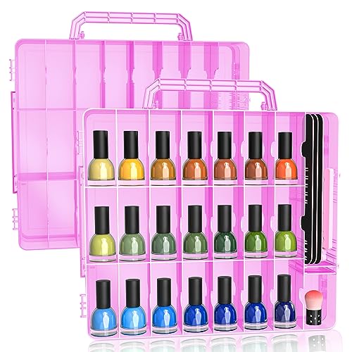 SUBAY 2 Pcs Portable Nail Polish Organizer, Clear Double Side Nail Polish Holder,Gel Nail Storage for 48 Bottles with 6 Adjustable Dividers in Each Side Space Saver Pink - size: 2 Pieces Pink