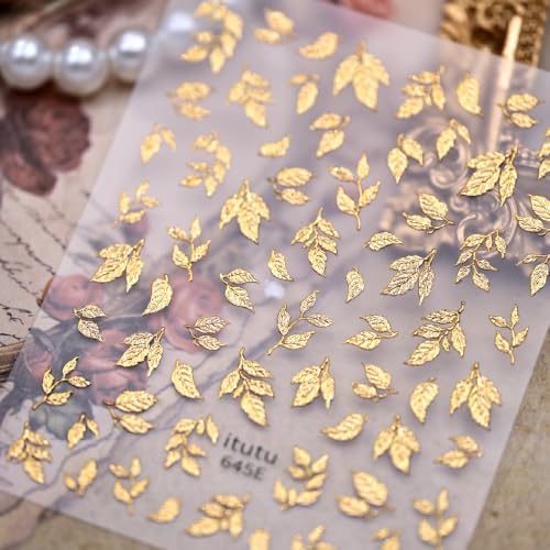 1 Sheet Fall Gold Leaf Nail Stickers 5d Embossed Leaves Nail Decals - color: Gold Leaves
