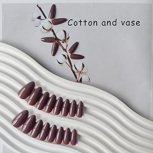 Brown Almond Shaped Nails, Medium Length, 24pcs Press On False Nails, Reusable, No UV Light Needed - color: glossy brown