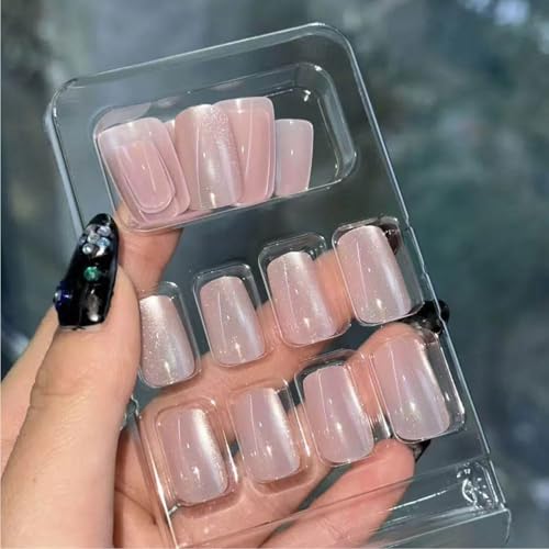 Press On Nails, Square Shimmer Nude Glitter Sparkle, 24PCS - color: 0028-Pearlescent light pink