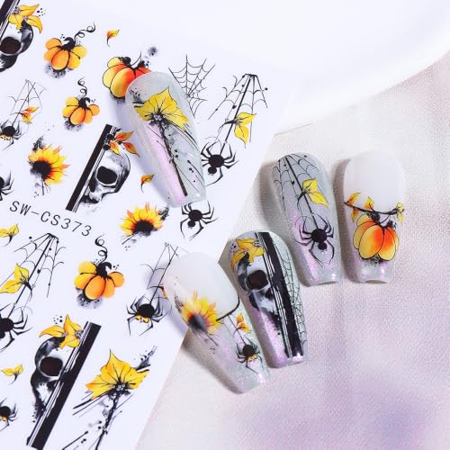 Halloween Nail Art Sticker Spider Web Nail Sticker 6Pcs Water Ink 3D Self-Adhesive Spider Web Skull Spider Pumpkin Nails Decal Sunflower Nail Supplies Accessories for Halloween Manicure Decoration - color: Skull Pumpkin