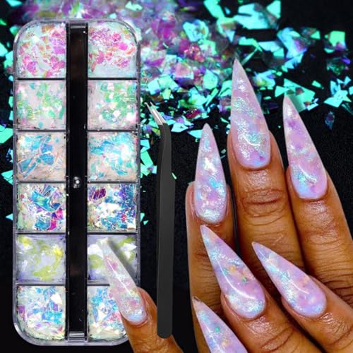1 Box Holographic Aurora Nail Foil Laser Mermaid Nail Sequins 3D Iridescent Cellophane Nail Flakes Sparkly Glitter Flakes Shiny Nail Glitter Iridescent Nail Sequins Glitter for Nails Art 12 Grids - color: YHN27