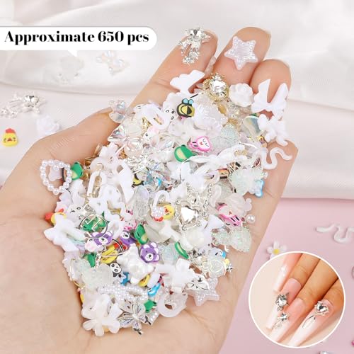 650PCS Cute 3D Resin Nail Charms and Gems White Flower Bow Butterfly Charms - color: White