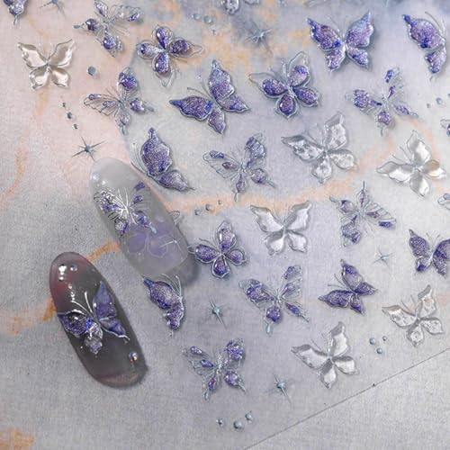 Purple Butterfly 5D Embossed Nail Art Stickers Spring Summer Nail Decals Hot Gold Butterflies Nail Stickers Self Adhesive Glitter Star Nail Design Stickers for Women Spring Summer Nail Art Supplies - style: Butterfly Nail Stickers-6
