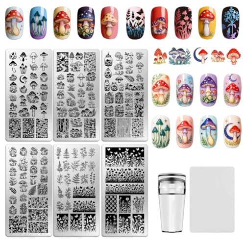 6 Sheets Nail Stamping Plate Mushrooms Nail Art Stamp - color: Mushrooms